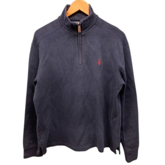 Polo Ralph Lauren Men’s M Navy 1/4 Zip Sweater Mock Neck Pullover Maroon Pony - Picture 1 of 10